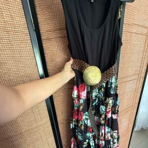 IMAN Black Maxi Dress with Floral Design and Woven Belt